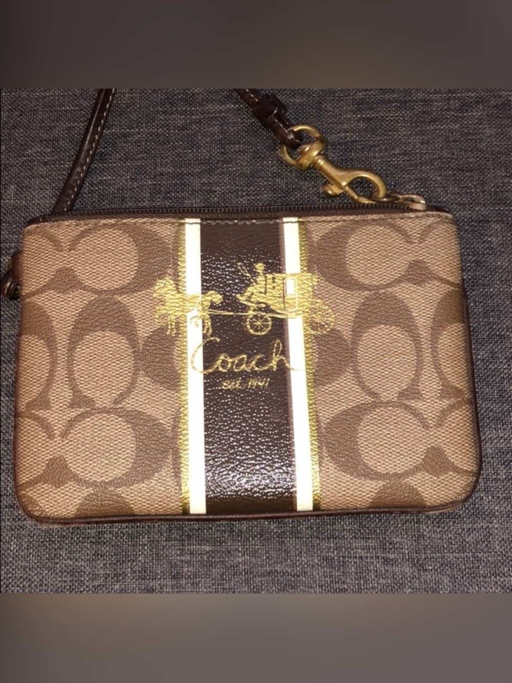 Vintage Coach Horse and Carriage Print Brown and Gold Wristlet